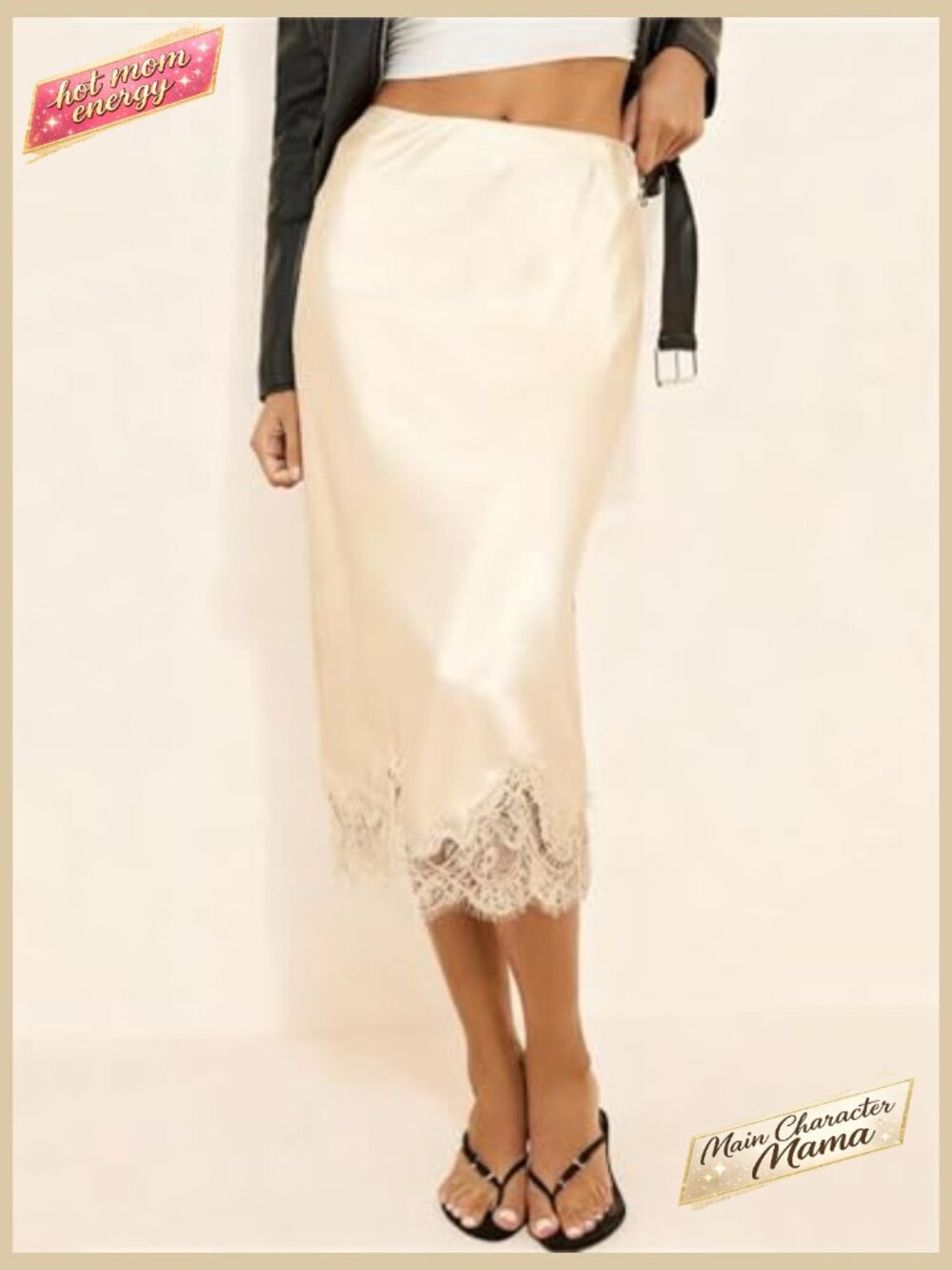 Lace Trim Satin Midi Skirt Elegant A Line Flowy Y2K Silky Half Slip Underskirt - Picture 2 of 2